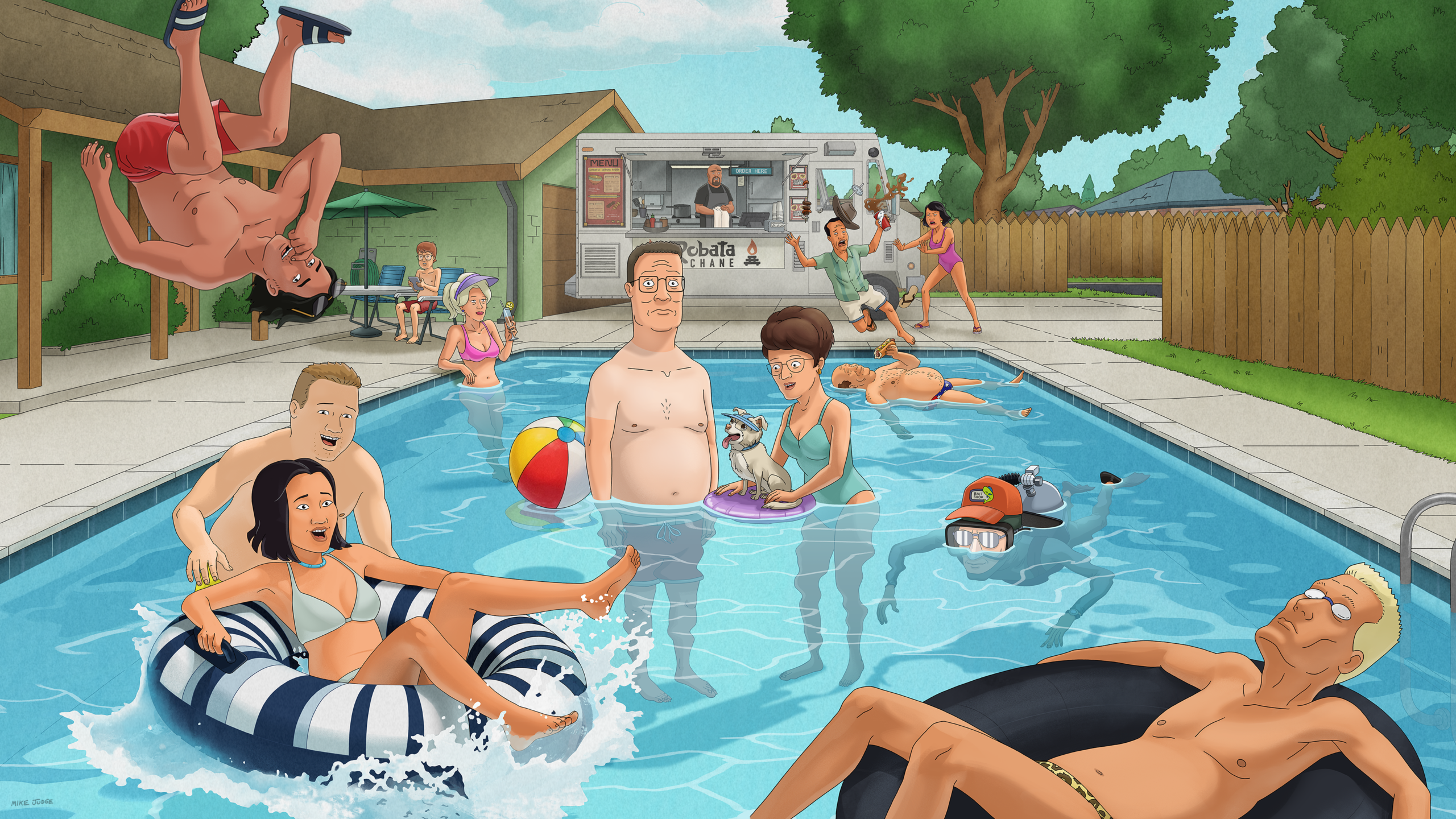 Hank stands in a backyard pool surrounded by his friends and neighbors in King of the Hill season 15.