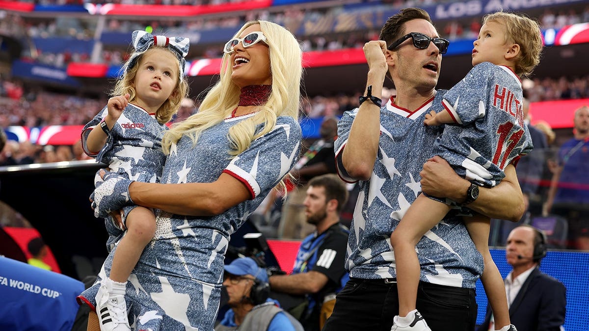 Paris Hilton, her husband and her kids at the world cup match between Türkiye and the USA in June 2026.