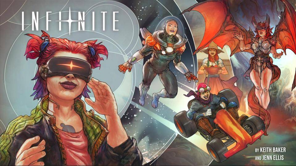 A woman uses a VR headset while versions of her in the background take on the role of a racer, a demon, a farmer, and a space explorer in art from the TTRPG Infinite.