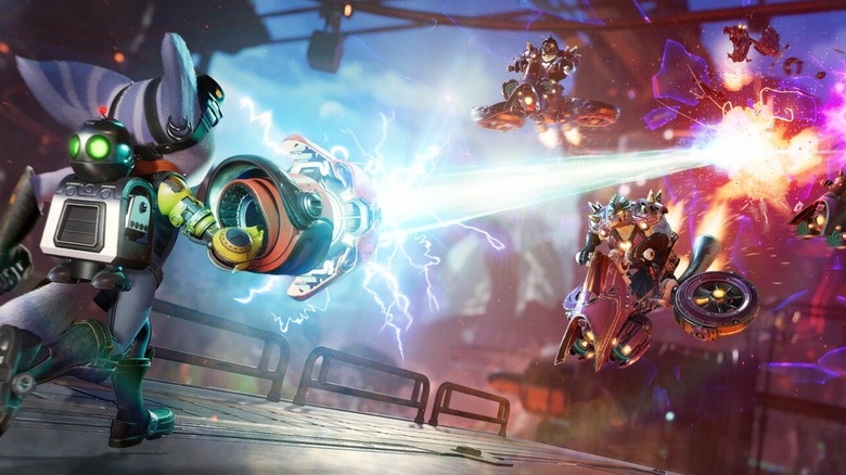Ratchet shooting at enemies in Ratchet & Clank: Rift Apart (2021)