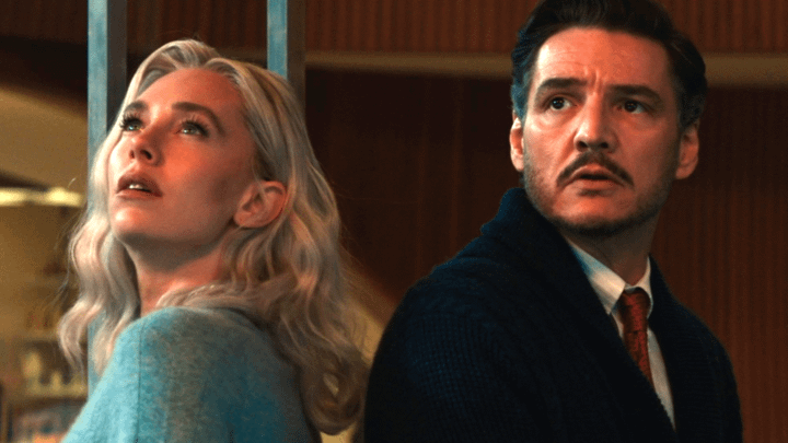 Vanessa Kirby and Pedro Pascal as Sue Storm and Reed Richards in The Fantastic Four.