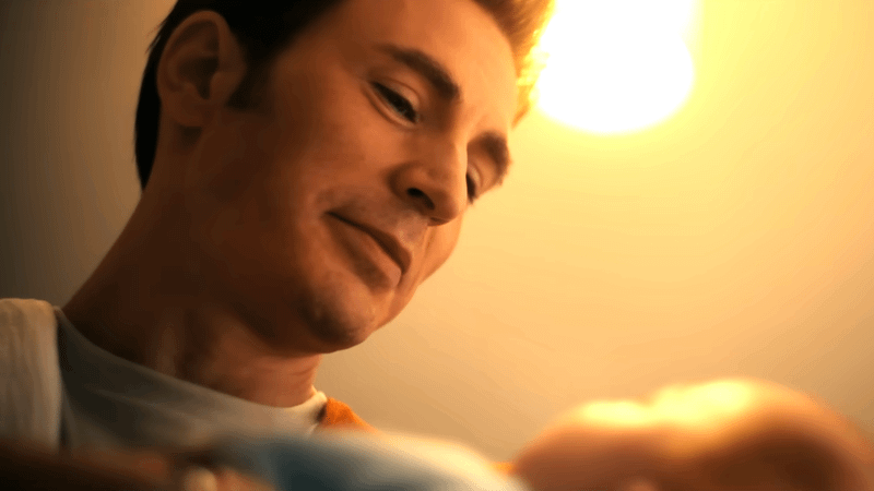 Chris Evans Steve Rogers holding baby in Avengers: Doomsday.