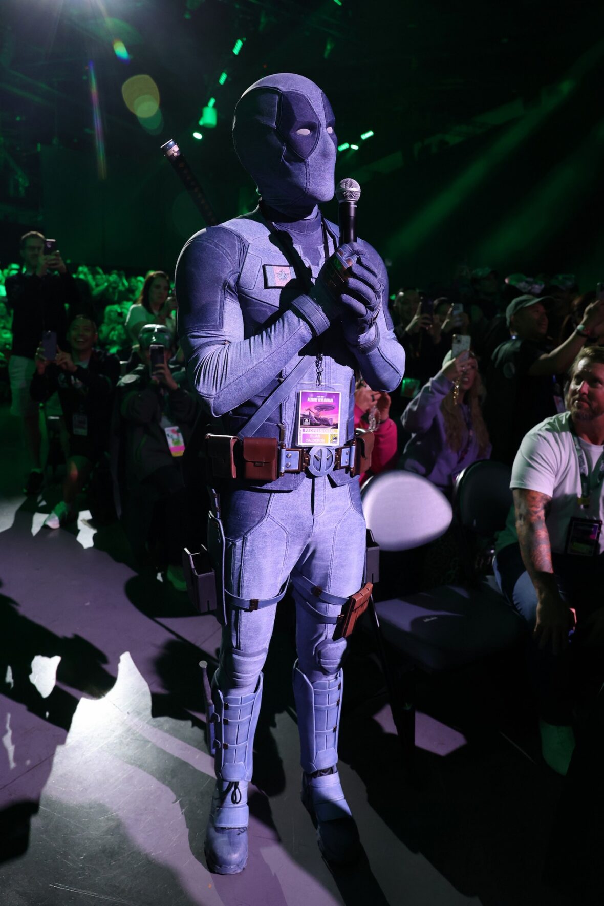 Ryan Reynolds wears a denim Deadpool costume at Comic-Con