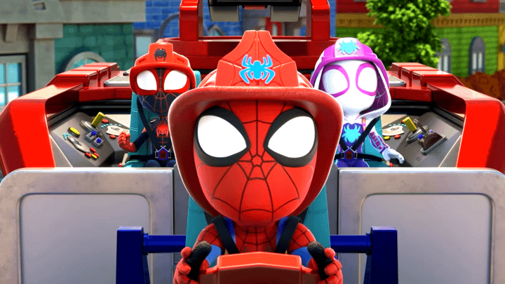 Spidey, Miles, and Spider-Gwen in Spidey and His Amazing Friends.