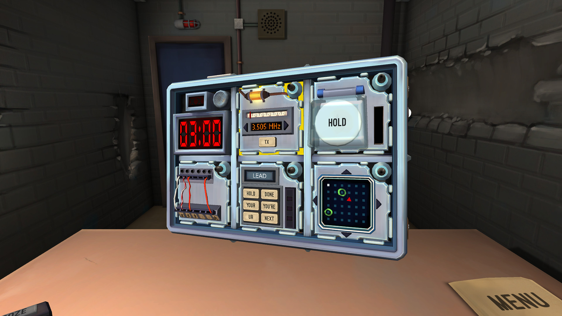The ticking bomb from Keep Talking and Nobody Explodes with a countdown timer, wires, and puzzle modules