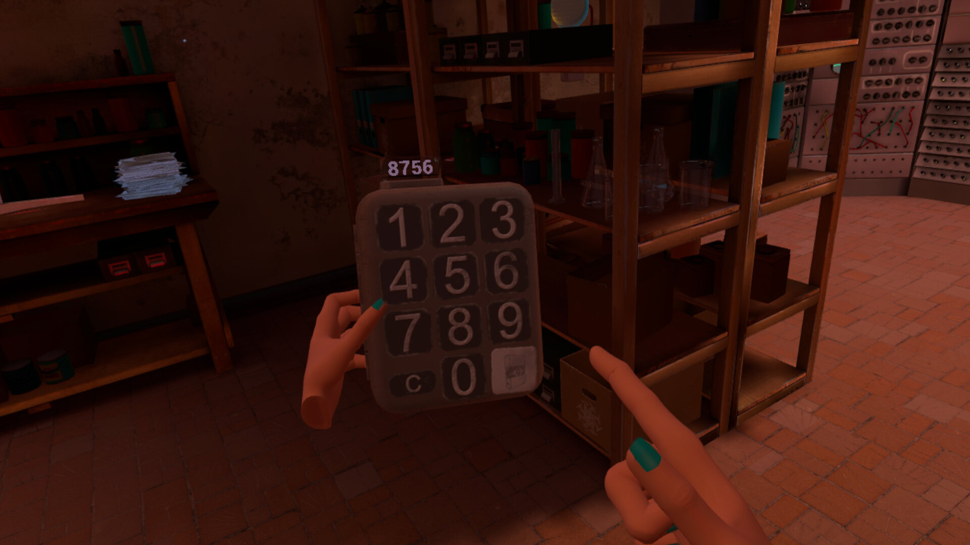A player holds a numeric keypad in Amelia's Escape, with the code 8756 displayed above it
