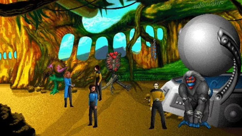 A landing party stands next to a restrained creature in "Star Trek: The Next Generation -- A Final Unity" (1995)