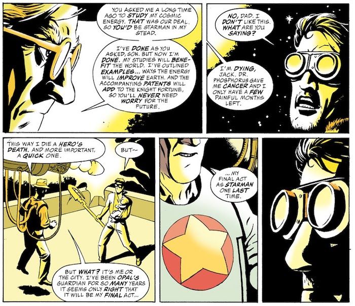Five panels from Starman #72. Ted, using a giant glowing device to levitate, tells Jack that he has cancer and that he's choosing to go out saving the city.