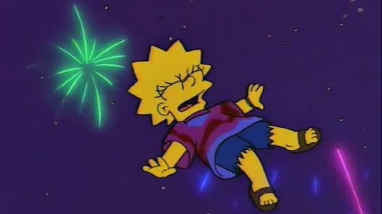 Lisa in the air, near fireworks, smiling in The Simpsons.