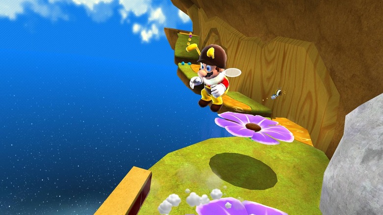 Bee Mario hovers over a stage in Super Mario Galaxy