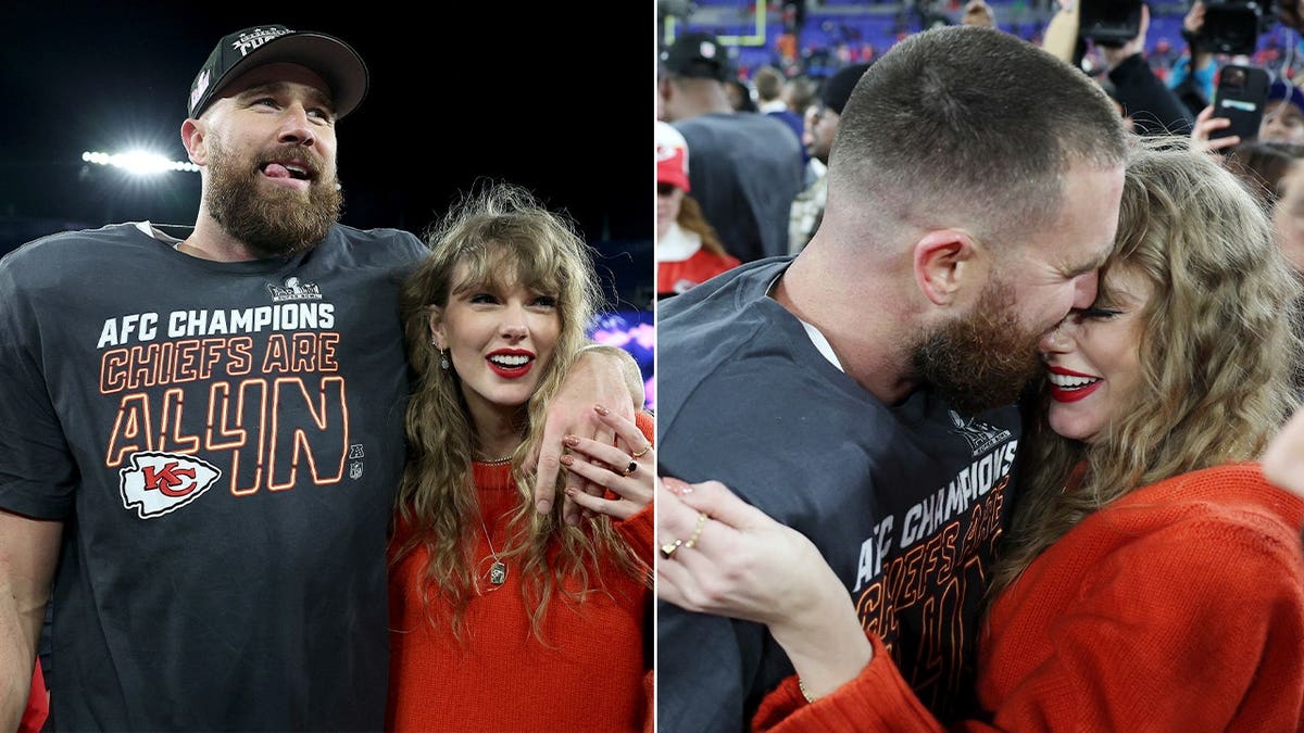A split image of Taylor Swift and Travis Kelce celebrating after he won the AFC Championships with the Kansas City Chiefs.