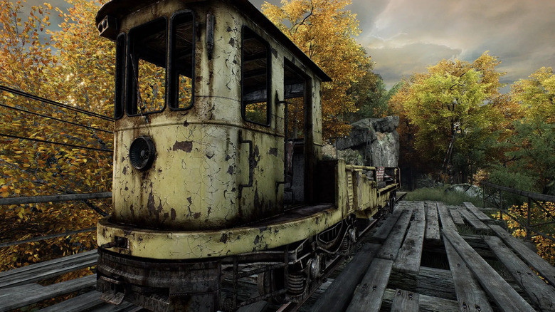 An abandoned train sits on a bridge in The Vanishing of Ethan Carter