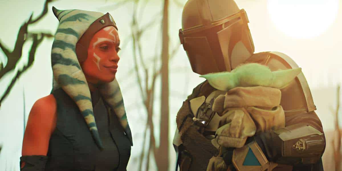 Din Djarin (Pedro Pascal), Ahsoka Tano (Rosario Dawson), and Grogu on Corvus in 'The Mandalorian' Season 2