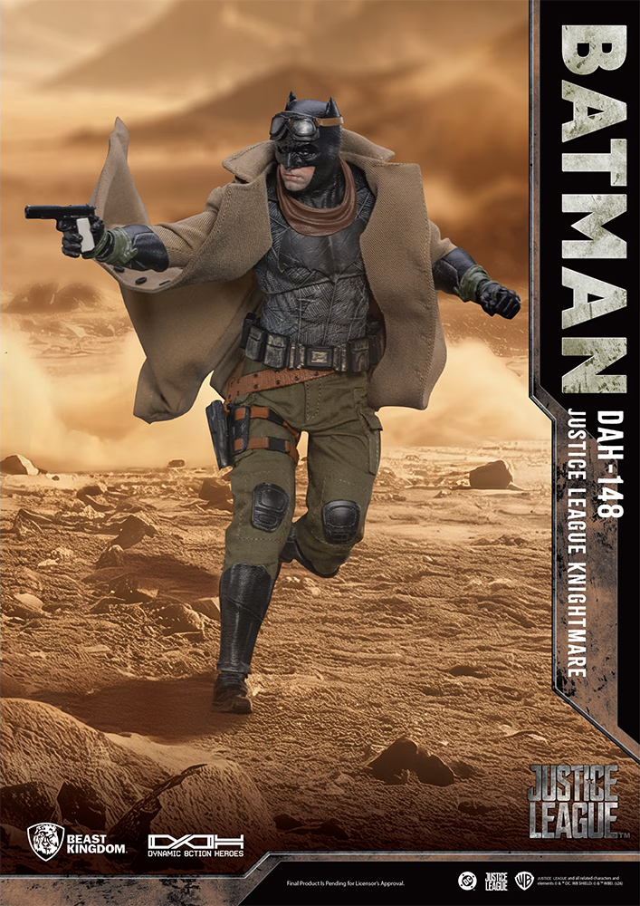 Beast Kingdom Dynamic 8ction Heroes DAH-148 Knightmare Batman 2.0 action figure aiming a pistol in a desert scene for Walmart Collector Con