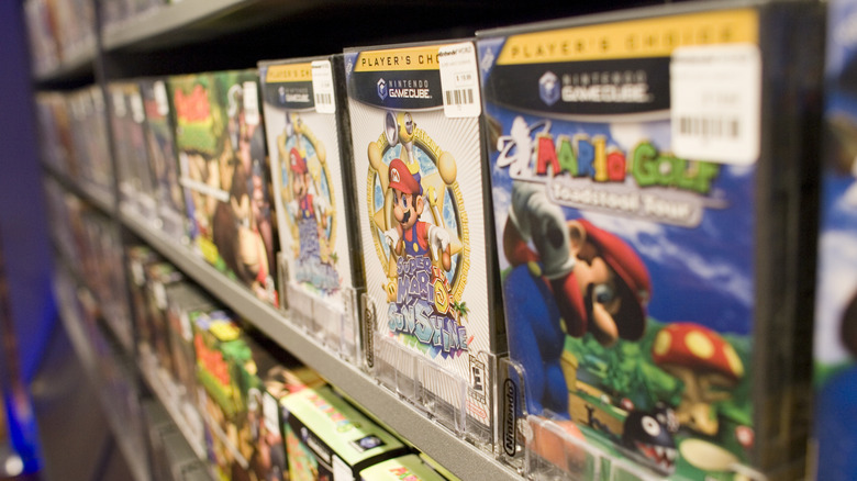 A close-up of Nintendo GameCube games on a store shelf