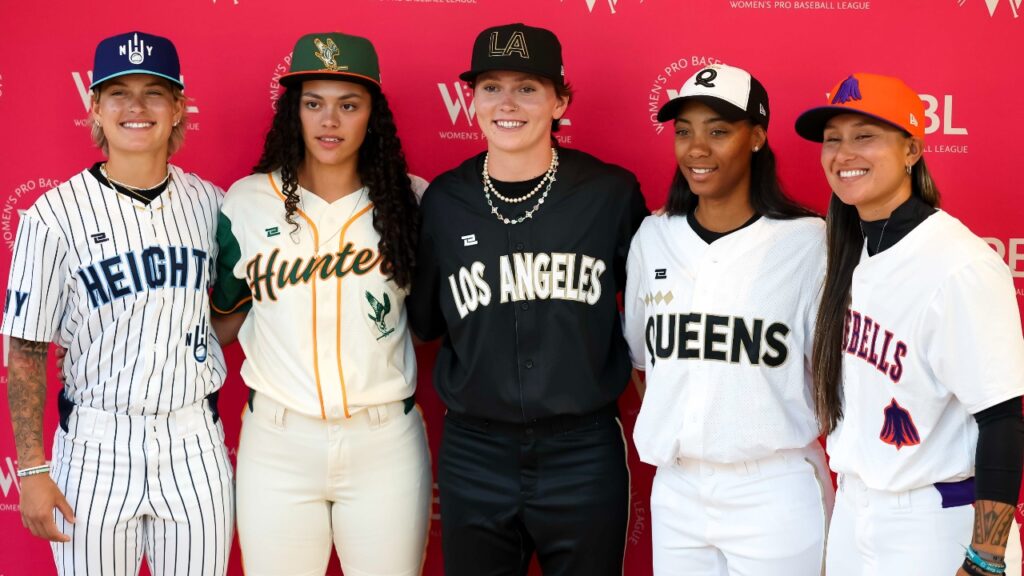 NEW YORK, NEW YORK - JULY 08: Ashton Lansdell, Kelsie Whitmore, Denae Benites, Lexi Hastings, and Mo'ne Davis pose for a photograph at the WBPL team announcement at New Era Flagship Store on July 08, 2026 in New York City. (Photo by Caleb Bowlin/Getty Images)