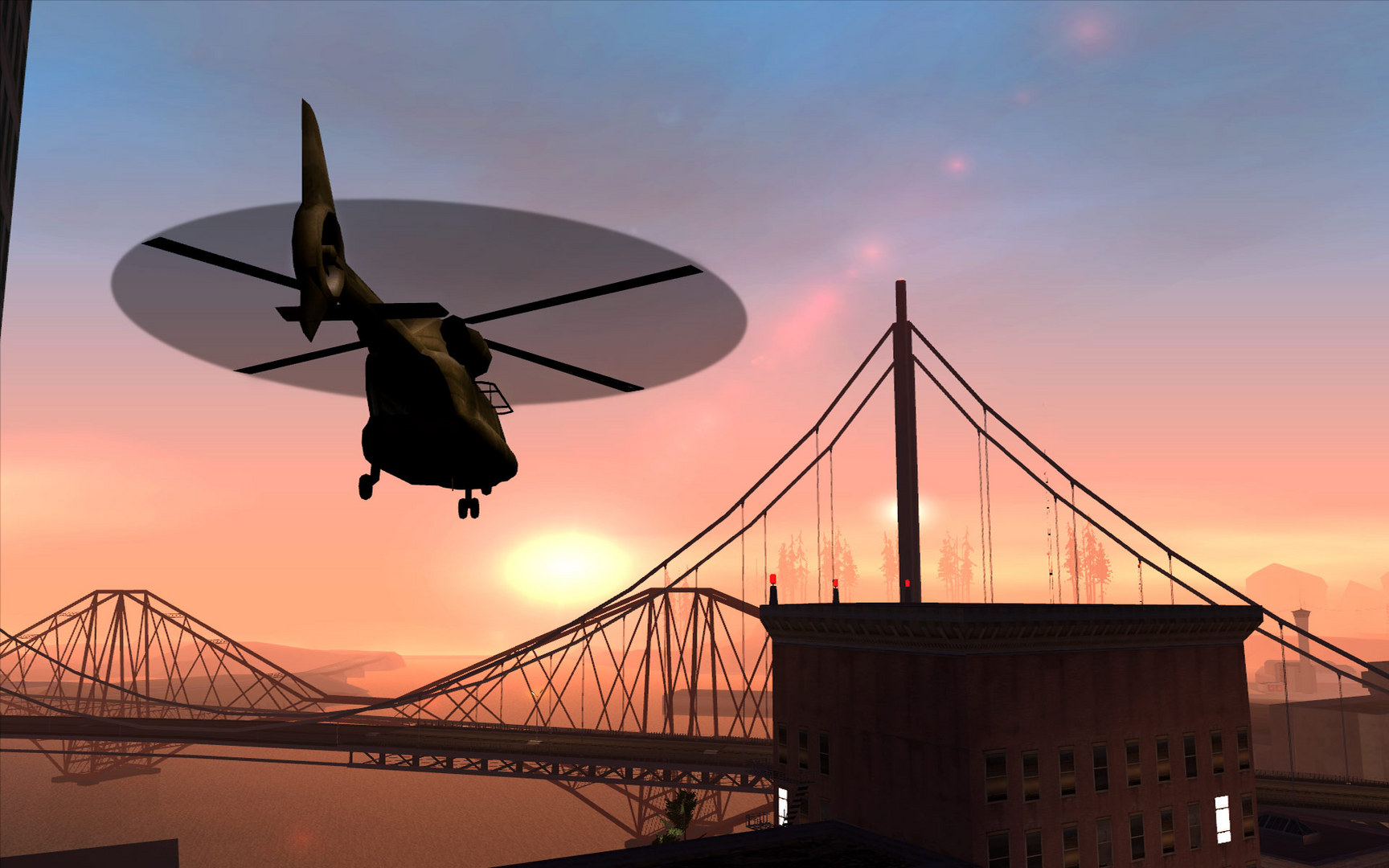 A helicopter flying at sunset over a suspension bridge in Grand Theft Auto: San Andreas