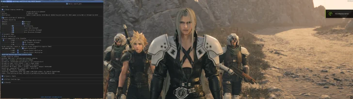 A split-screen showing a settings interface for 'DLSS 3 Neural Rendering' alongside characters from a video game resembling Cloud and Sephiroth in a desert landscape.