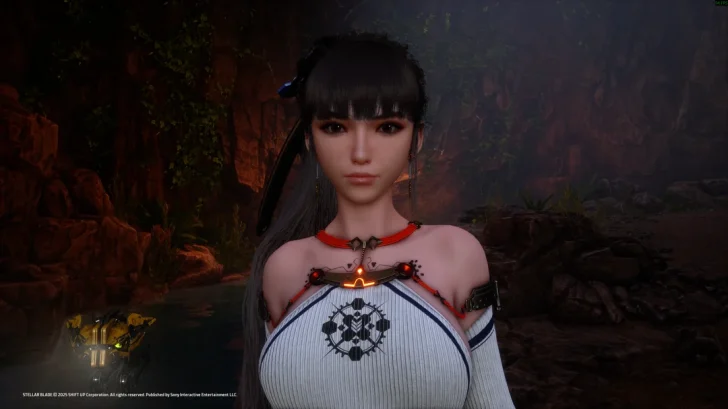 A character from Stellar Blade stands in a rocky landscape, with visible on-screen text 'STELLAR BLADE © 2023 SHIFT UP Corporation.'
