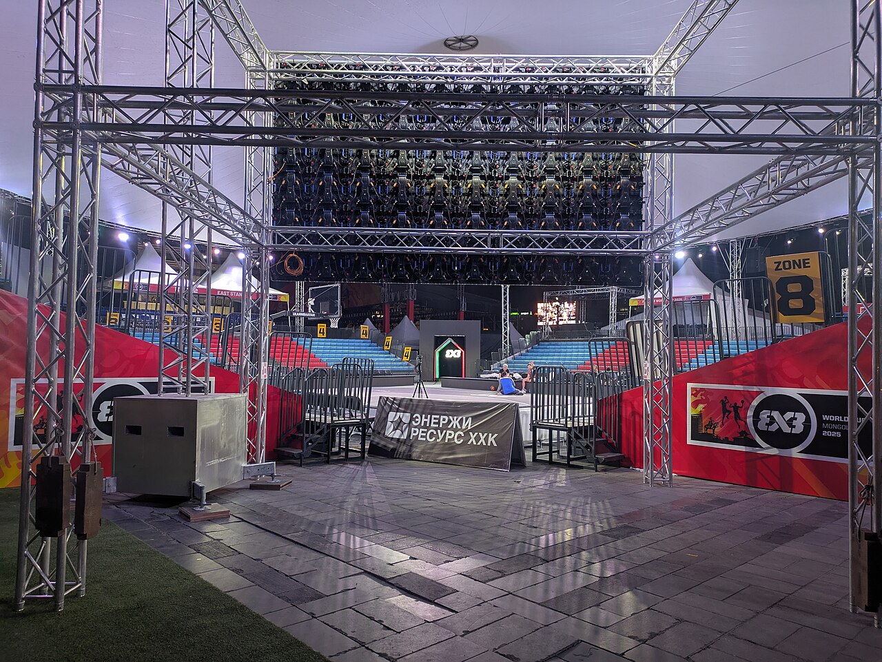 The show court and LED wall at the 2025 FIBA 3x3 World Cup in Ulaanbaatar, lit at night