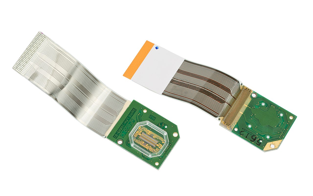 The two Virtual Boy LED display boards removed from the headset, each a small circuit board on a ribbon cable