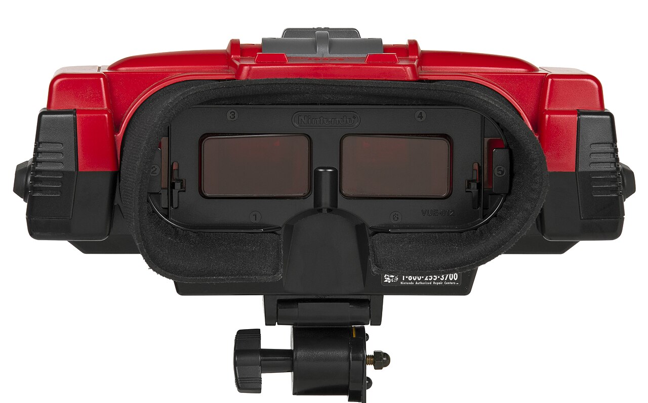 Close-up of the Virtual Boy's twin eyepieces and padded face rest, showing the two red display windows