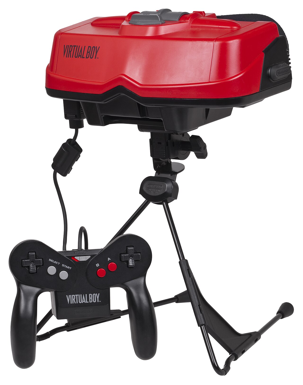 Nintendo Virtual Boy headset mounted on its black tabletop stand with the wired controller in front of it