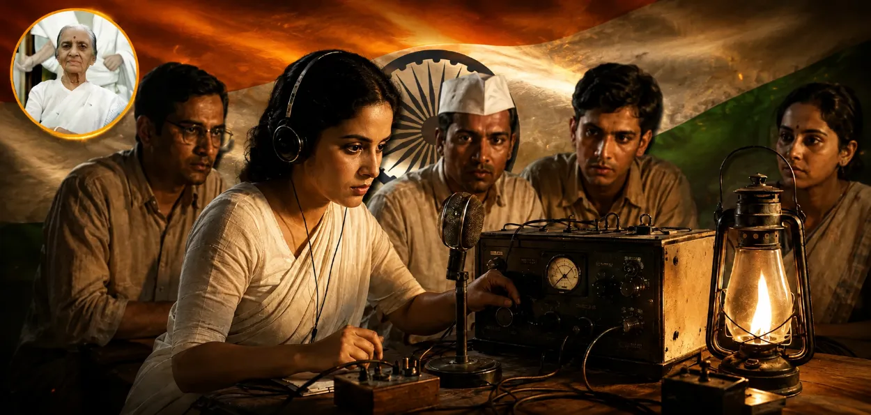 AI-generated picture of Usha Mehta making the first announcement from Congress party's secret Radio