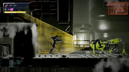 A screenshot showing Samus navigating the 2D world of Metroid Dread on Nintendo Switch.