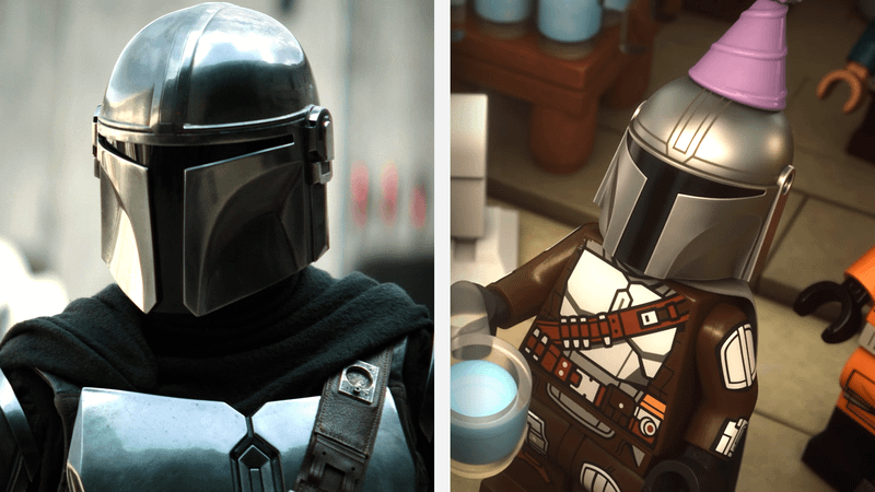 Din Djarin in live-action alongside lego counterpart.