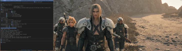 A software interface for DLSS Neural Rendering is displayed alongside a scene from a video game with characters in armor walking through a rocky landscape.
