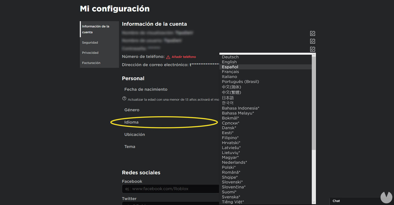How to change the language in Roblox