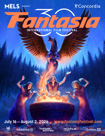 Illustrated poster for the 2026 Fantasia International Film Festival featuring a griffin above a glowing cauldron surrounded by three women in purple robes, with "Fantasia" in bold orange letters and festival dates at the bottom.