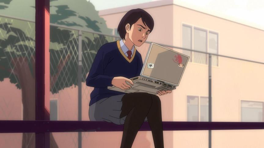 In a still from Pantheon, an animated girl with short hair in a tie, sweater and skirt, sits on a bench and looks at a laptop computer.