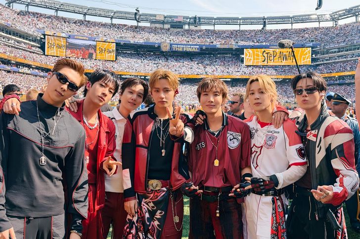 K-pop group BTS poses for a photo after performing 'Dynamite' at the FIFA World Cup  halftime show in New Jersey, July 19. Courtesy of BigHit Music