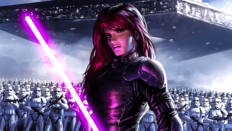 Mara Jade holding a purple lightsaber.