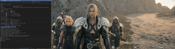 The image shows a character from 'Final Fantasy VII' leading a group on a rocky path beside visible DLSS 3 settings including 'Enable DLSS Neural Rendering' on a computer screen.