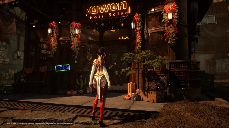 A character in the game Stellar Blade stands outside 'Gwen Hair Salon' decorated with holiday lights and gifts.