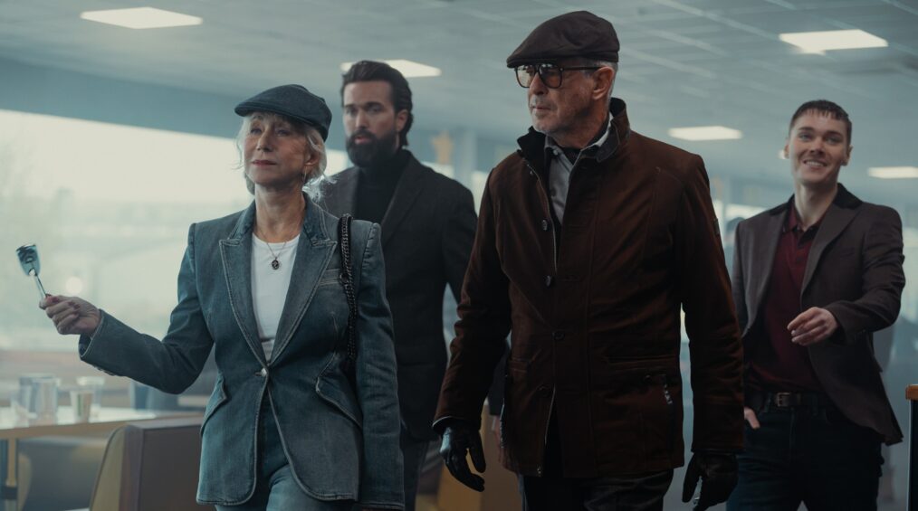 L-R Helen Mirren as Maeve Harrigan, Emmett J Scanlan as Paul, Pierce Brosnan as Conrad Harrigan and Jack Archer as Fergus In MobLand, season 2, streaming on Paramount+, 2026. Photo Credit: Luke Varley/Paramount+