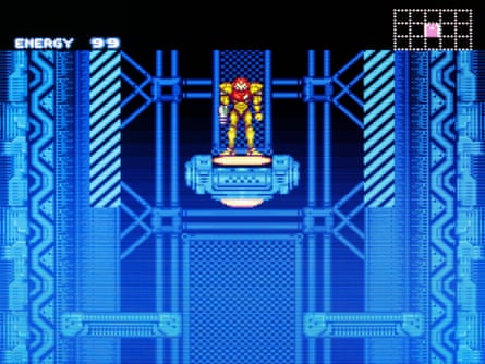 Samus is stood in a blue environment.