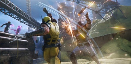 Wolverine slashes an enemy’s gun in half. In the distance what appears to be Jean Grey fights another enemy