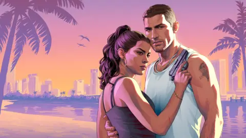 Rockstar Artwork from GTA 6 shows protagonists Jason and Lucia standing in front of a Miami-inspired skyline at sunset. The pair embrace while looking suspiciously at something or someone out of shot. Lucia rests one hand, holding a pistol, on Jason's chest.
