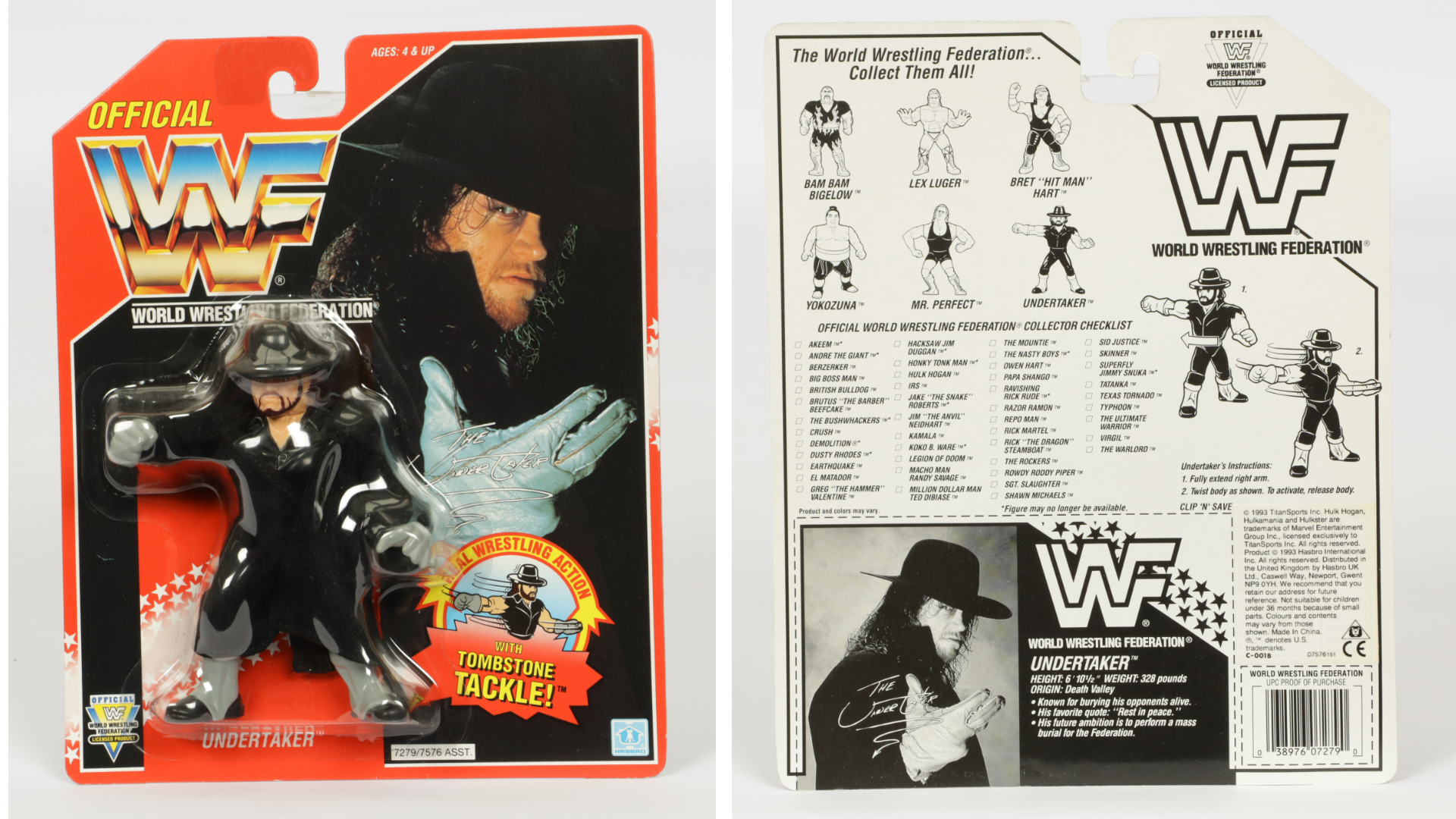 The Undertaker toy in its packaging. The figure is dressed all in black and is wearing a large black hat. The car is red with a picture of the Undertaker. The back of the card shows other figures available.