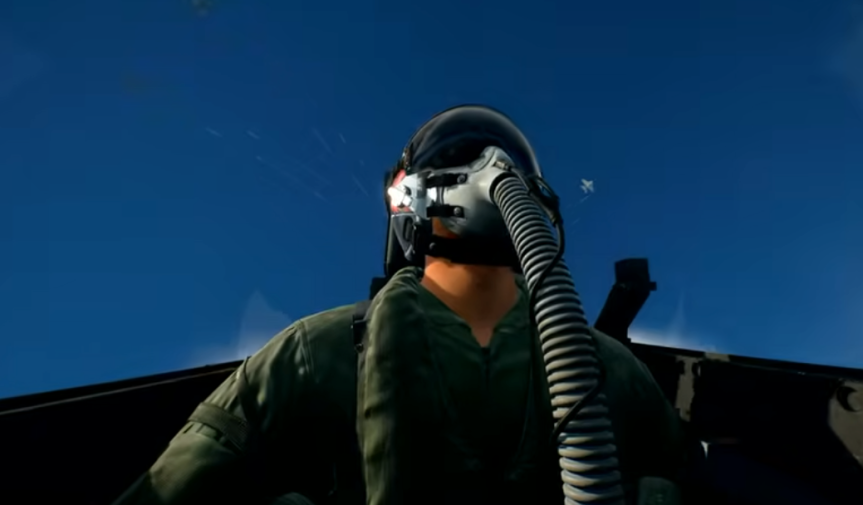 a screenshot of a fighter pilot in a jet looking up
