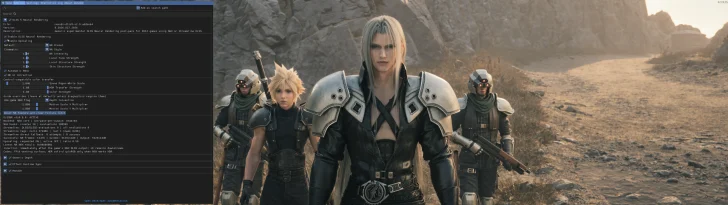 A screenshot showing a software interface with DLSS settings on the left and a scene from Final Fantasy VII Remake featuring multiple characters in a rocky landscape on the right.