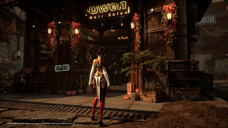 A character from Stellar Blade stands outside a festive Gwen Hair Salon with lanterns and wrapped gifts outside.