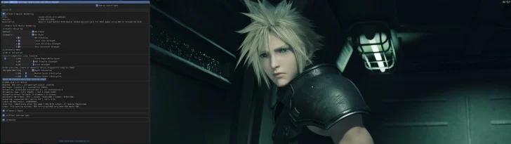 The image shows the character Cloud Strife from a game next to a detailed interface of the 'DLSS 3 Neural Rendering' settings, including options for 'NR Preset' and 'HDR Strength', on screen.