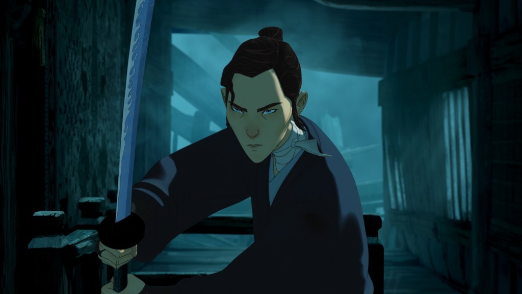"Animated person with a sword in a dark, abandoned wooden structure, blue lighting highlighting intense expression, ready for battle or confrontation in a tense, atmospheric scene."