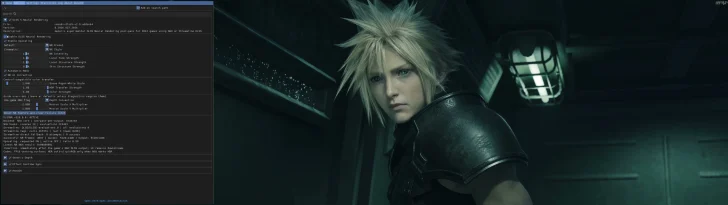 A character from 'Final Fantasy VII Remake' stands in a dimly lit corridor, with the 'DLSS Neural Rendering' settings interface displayed on the left side of the screen.