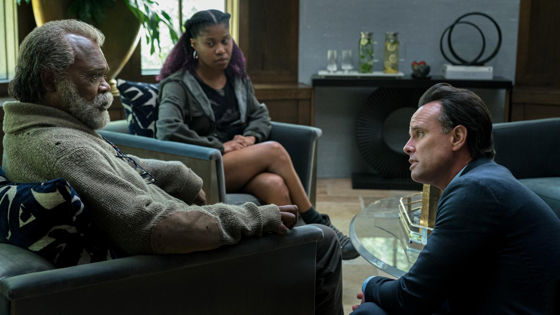 Samuel L. Jackson, Walton Goggins and Dominique Fishback in The Last Days of Ptolemy Grey on Apple TV.